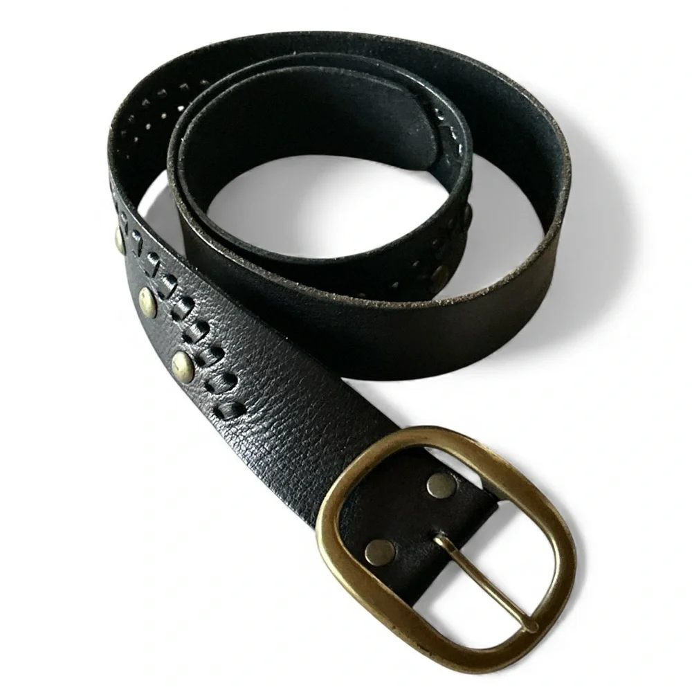 Linea Pelle Studded Black Leather Woven Belt Size XL 44”Length 1 7/8” Wide